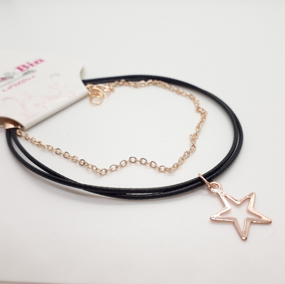 Rose Gold and Leather 3 Layer Star Charm Bracelet